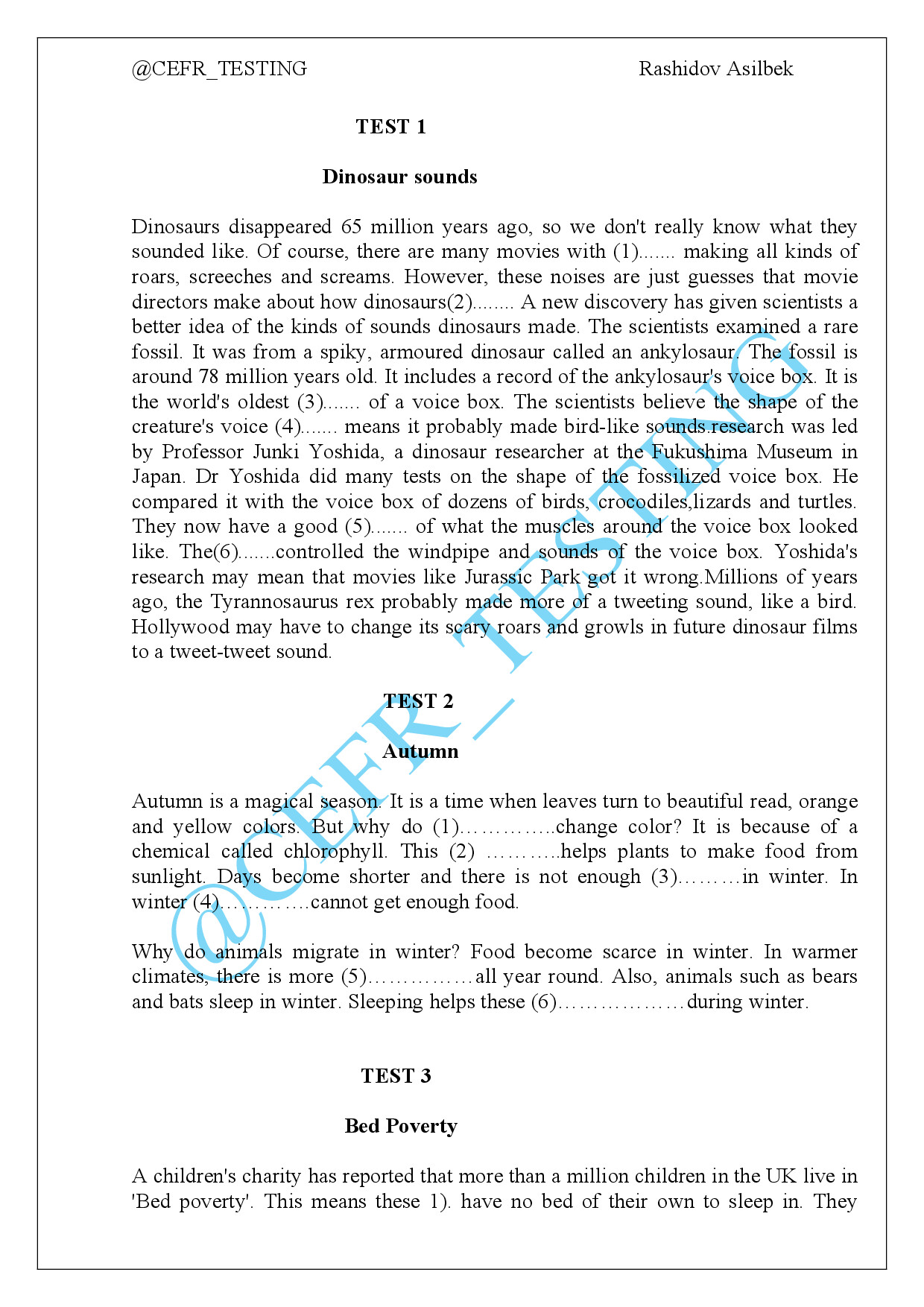 READING PART 1 TESTS