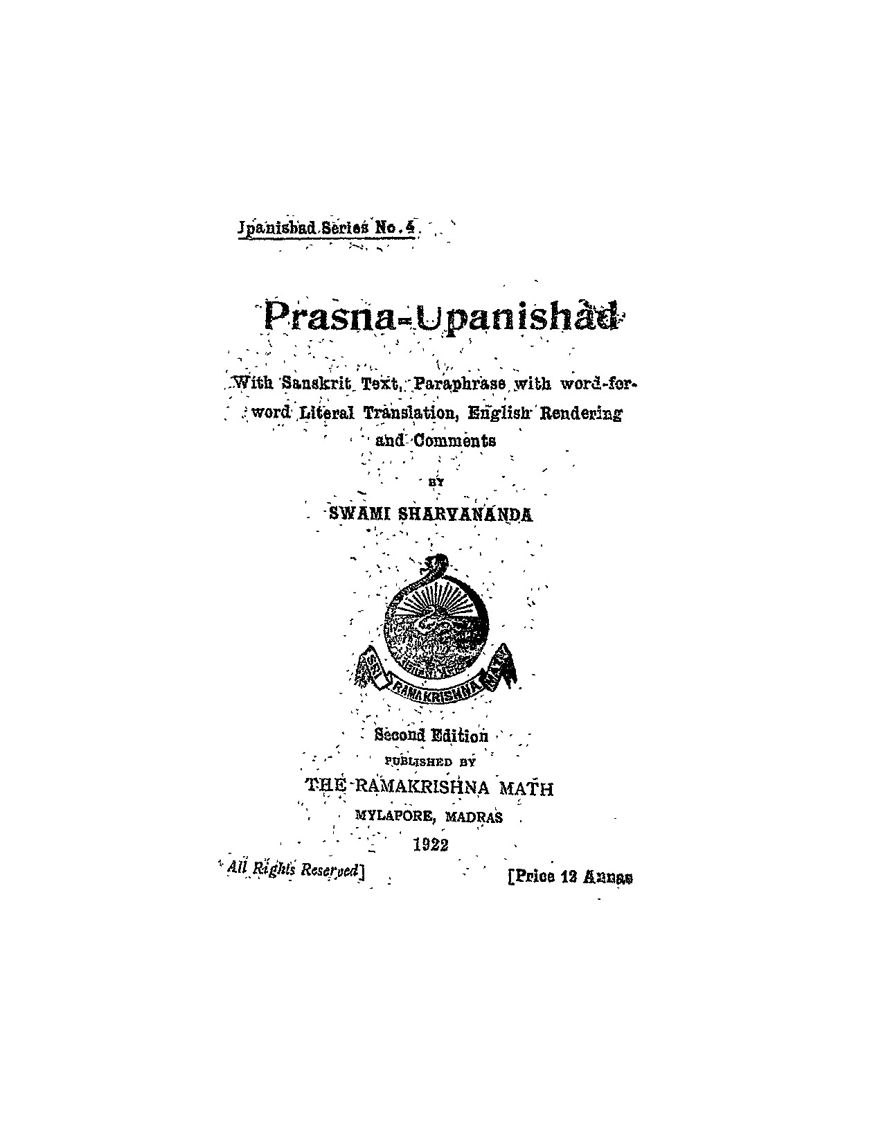 PRASHNA UPANISHAD   SWAMI SARVANAND [SANSKRIT ENGLISH]