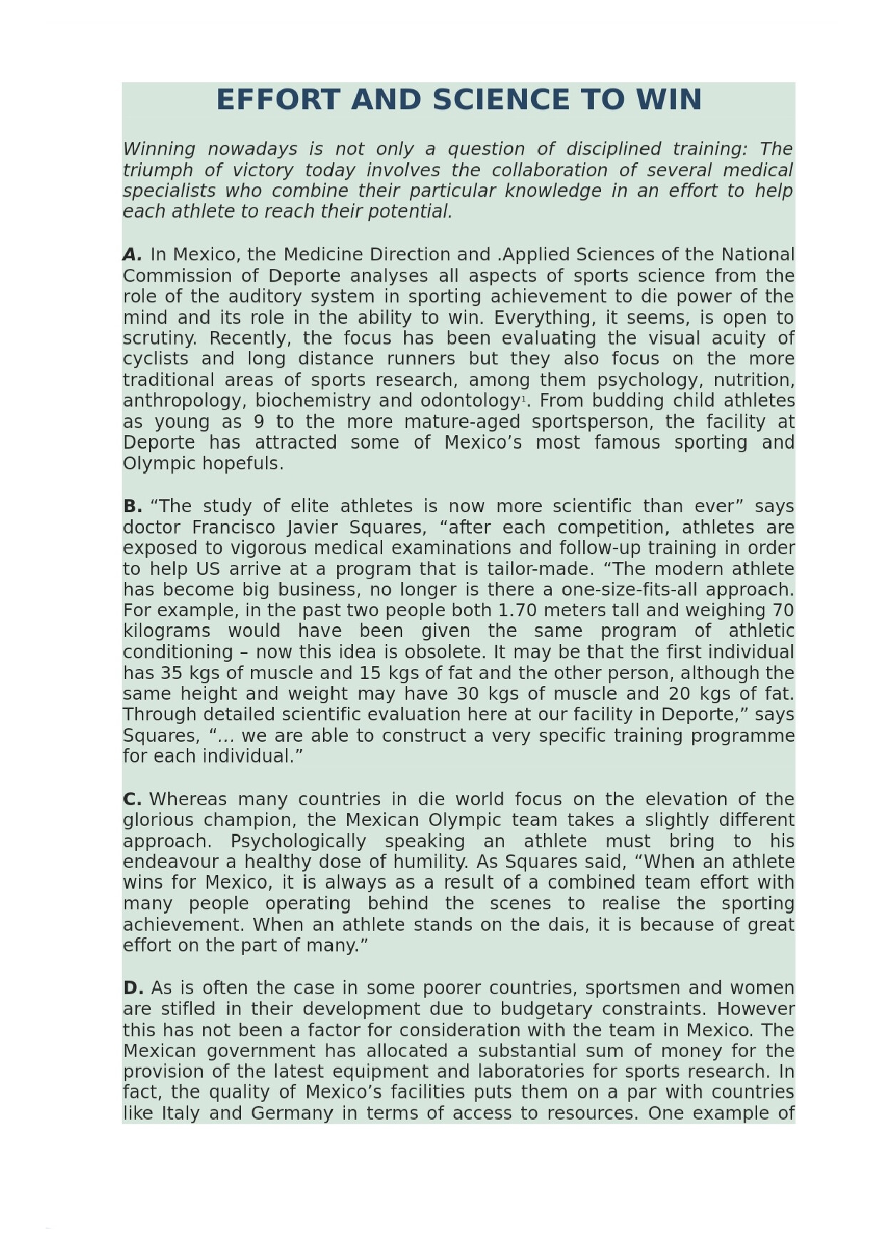 PASSAGE 2 EFFORT AND SCIENCE TO WIN