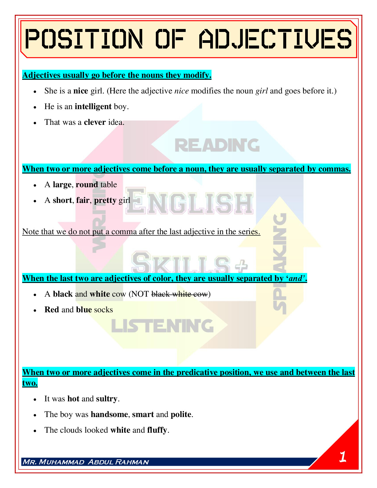 POSITION OF ADJECTIVES