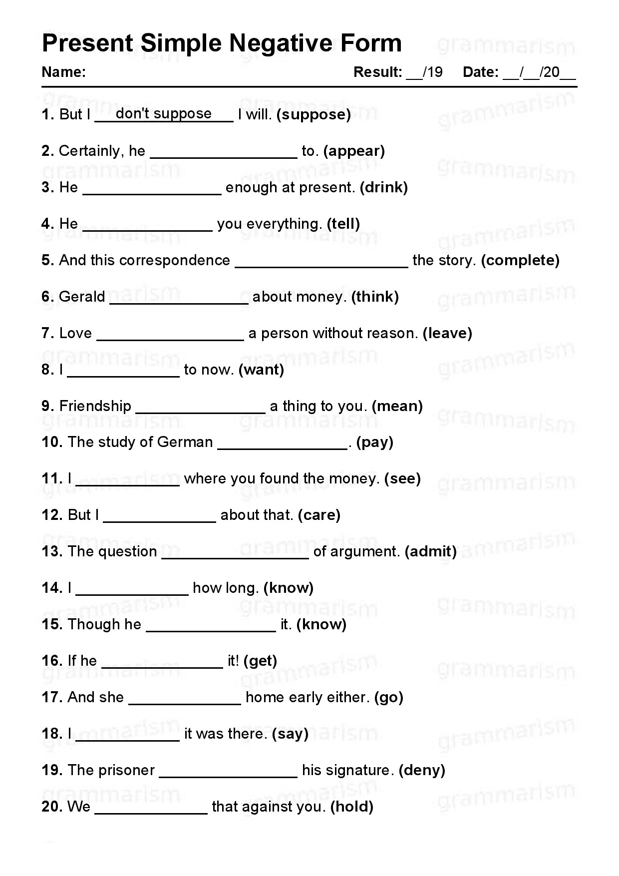GRAMMARISM PRESENT SIMPLE NEGATIVE TEST 3