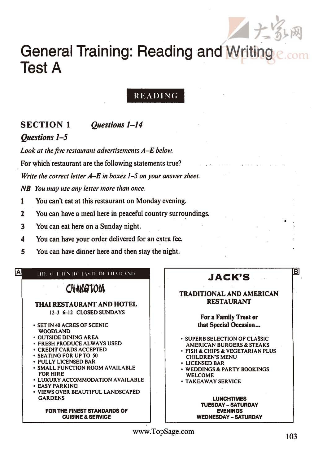 GT READING TEST A WITH ANSWERS