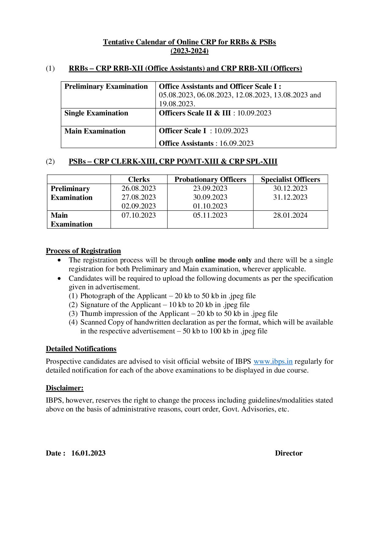 TENTATIVE CALENDAR OF ONLINE CRP FOR RRBS 2023 24