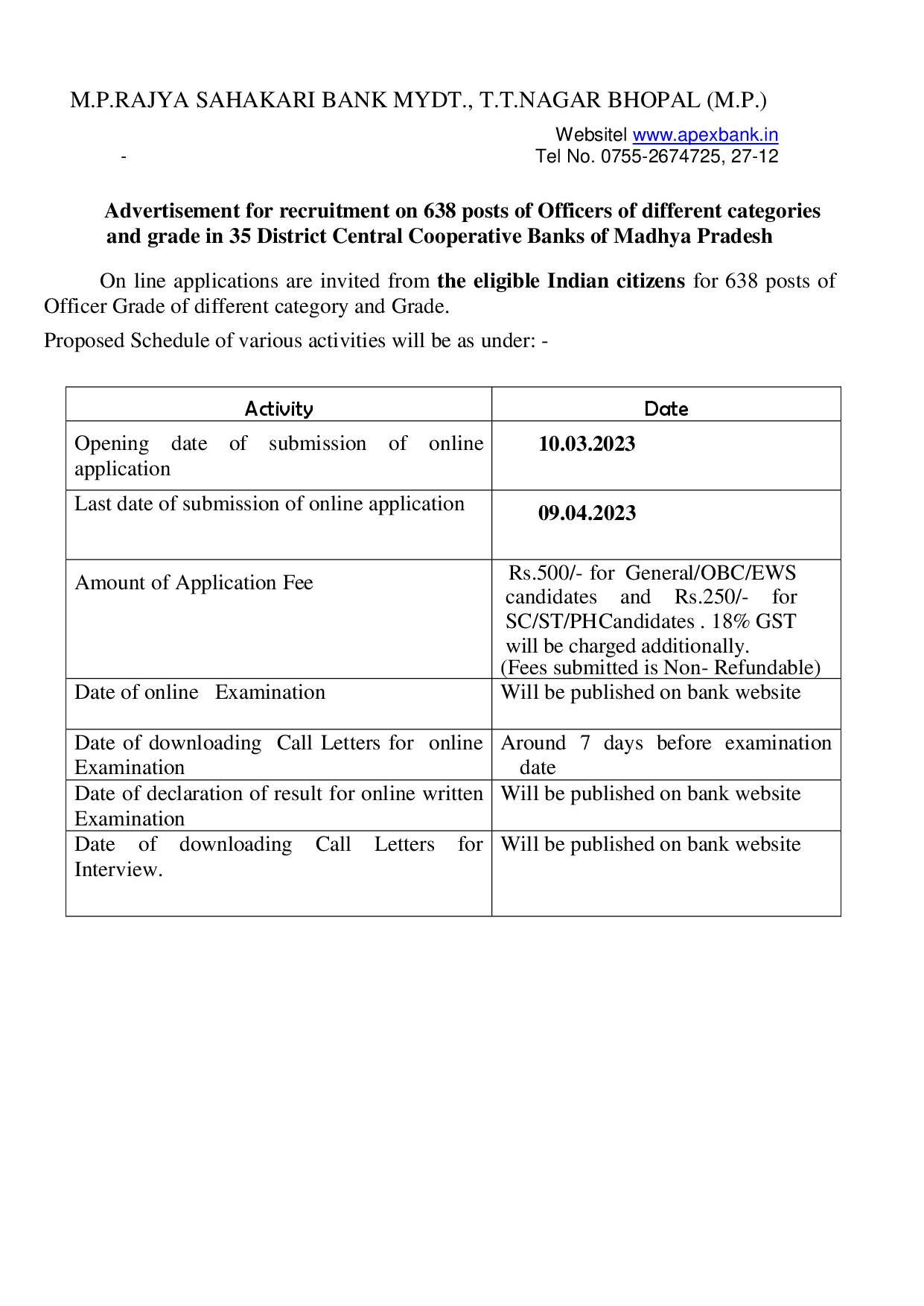 MP COOPERATIVE BANK PO RECRUITMENT 2023 NOTIFICATION PDF
