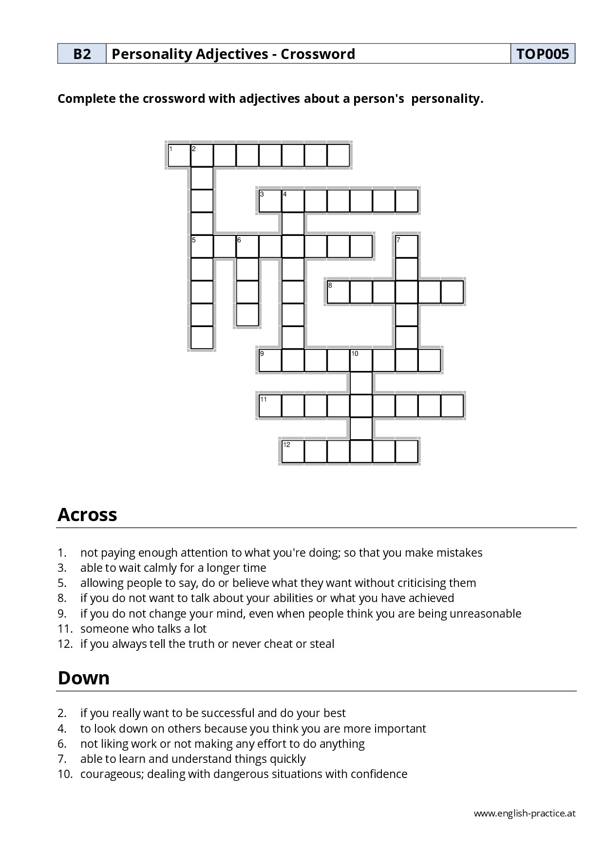TOP005 PERSONALITY ADJECTIVES CROSSWORD