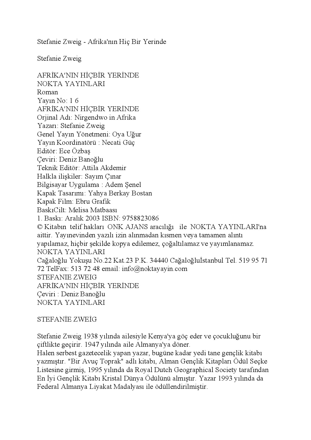 AFRIQANIN HECH BIR YERINDE STEFAN ZWEIG DENIZ BANOGHLU 2003