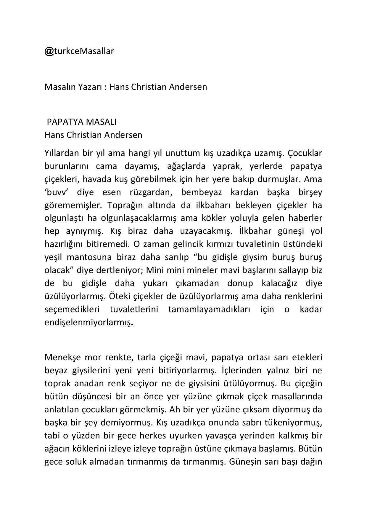 PAPATYA MASALI HANS CHRISTIAN ANDERSEN