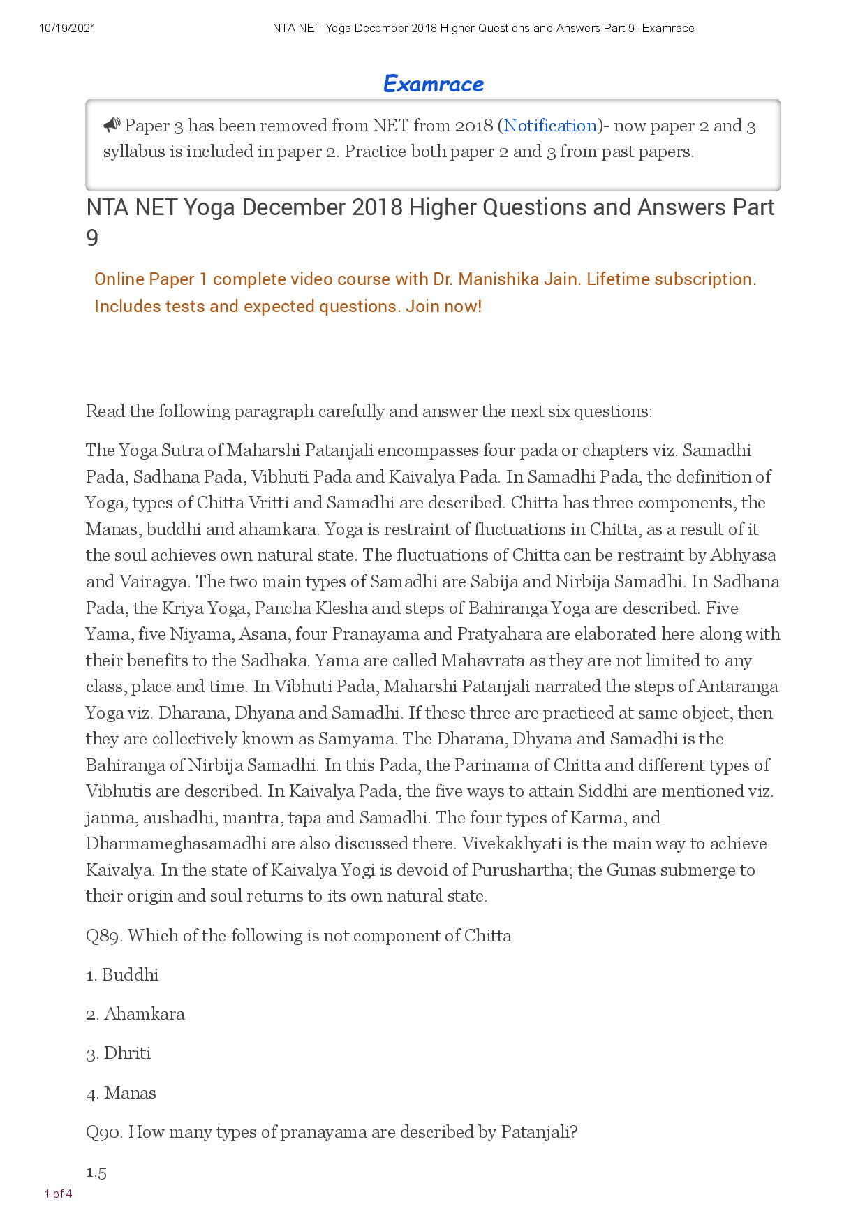 NTA NET YOGA DECEMBER 2018 PART 9