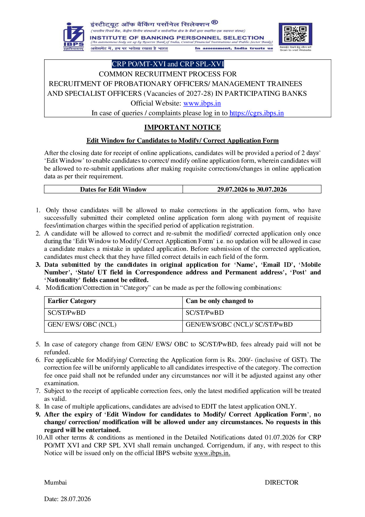 IMPORTANT NOTICE EDIT WINDOW 28.07.26