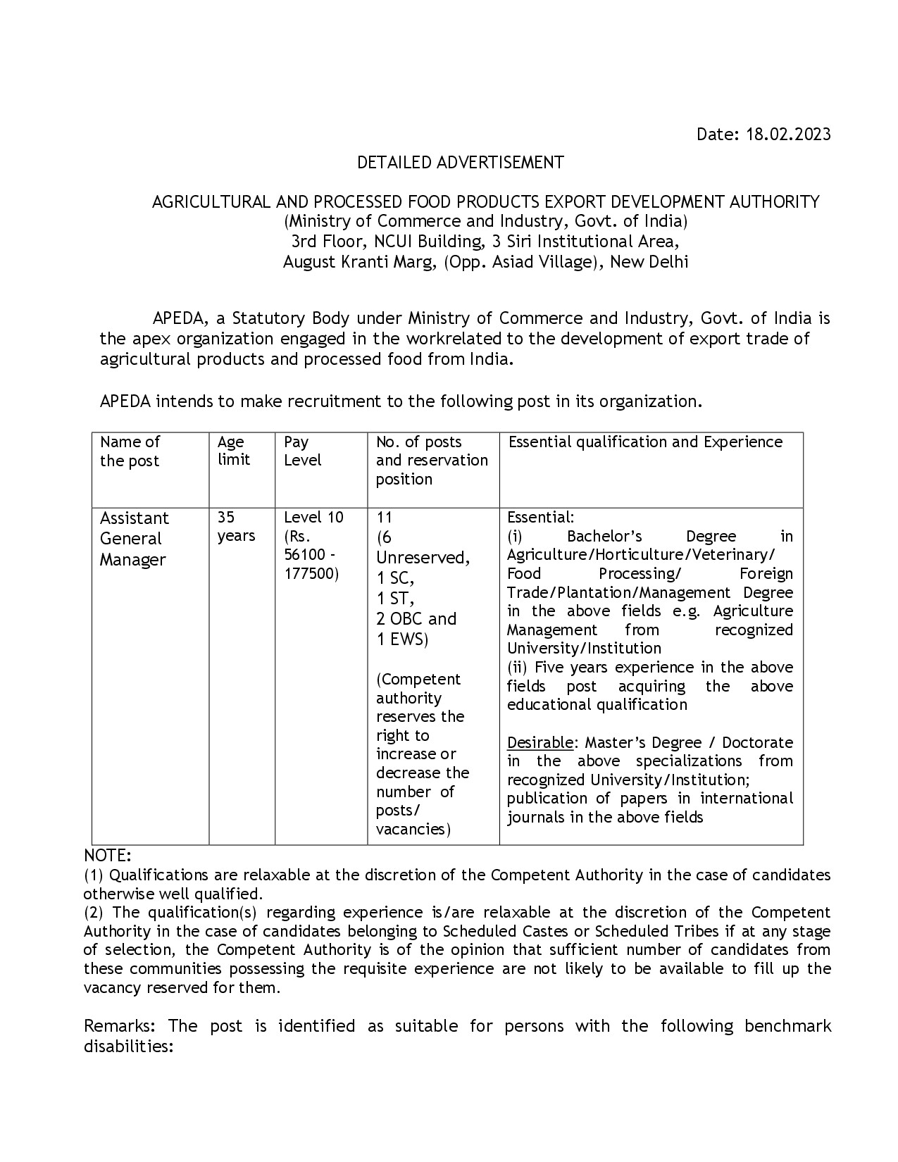DIRECT RECRUITMENT FOR AGM