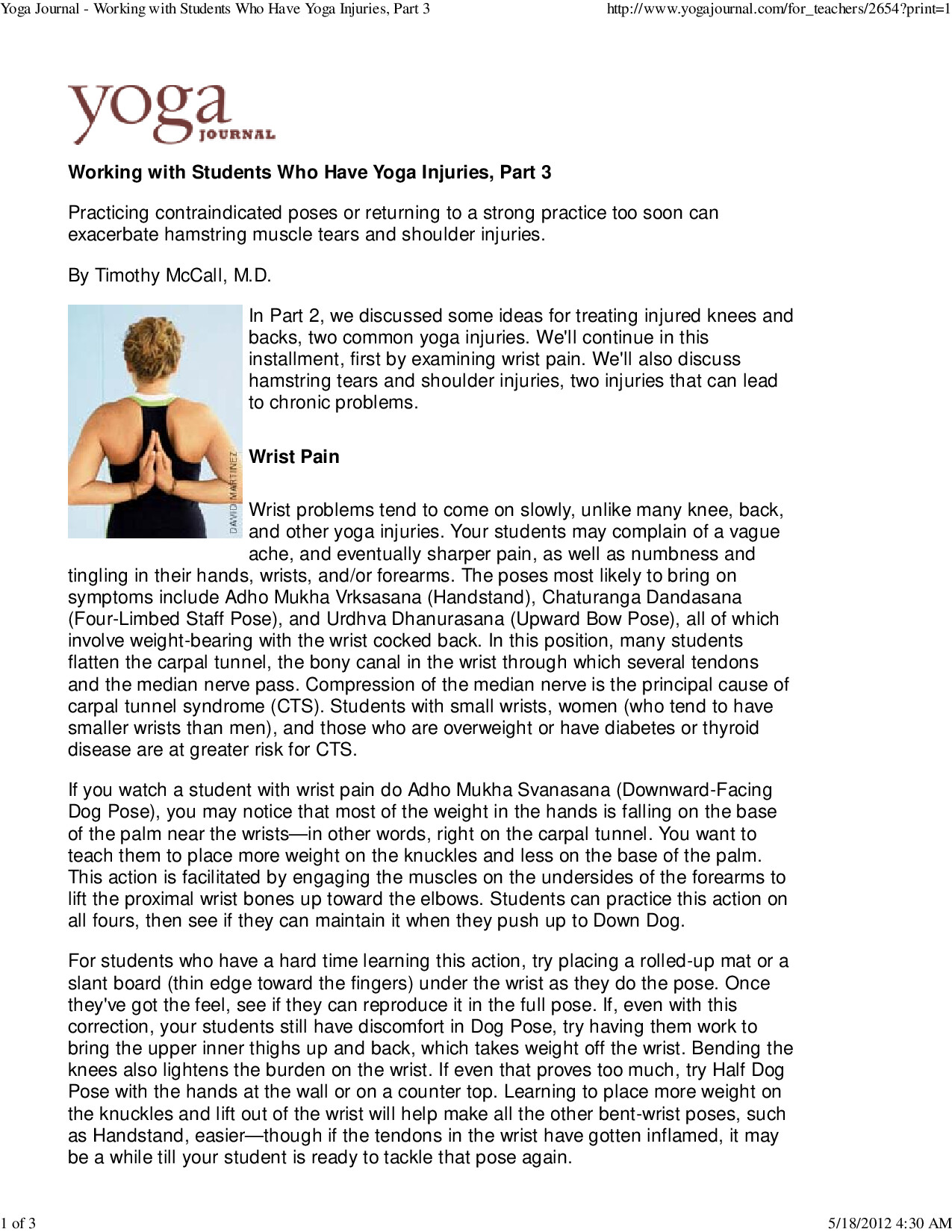 YOGA JOURNAL WORKING WITH STUDENTS WHO HAVE YOGA INJURIES, PART (2)