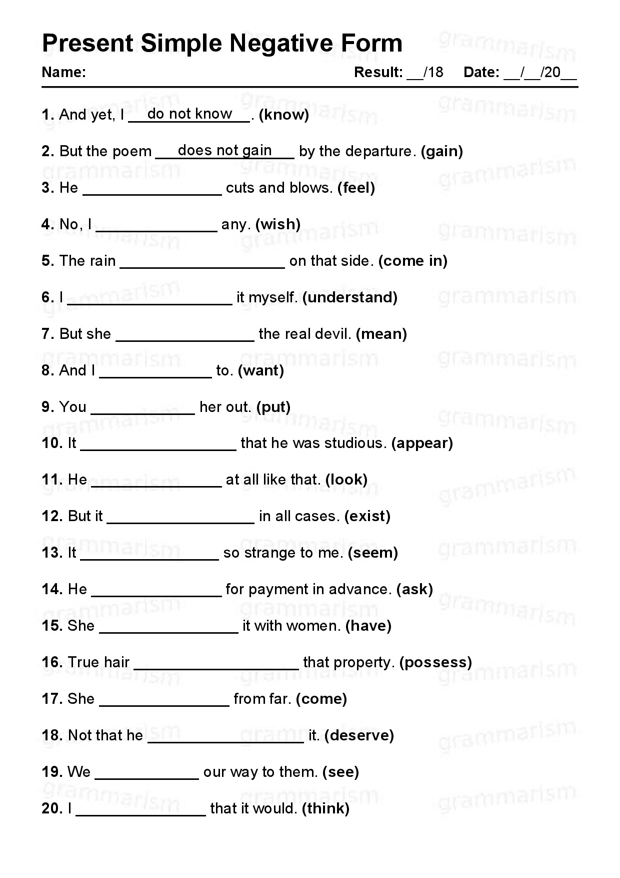 GRAMMARISM PRESENT SIMPLE NEGATIVE TEST 2
