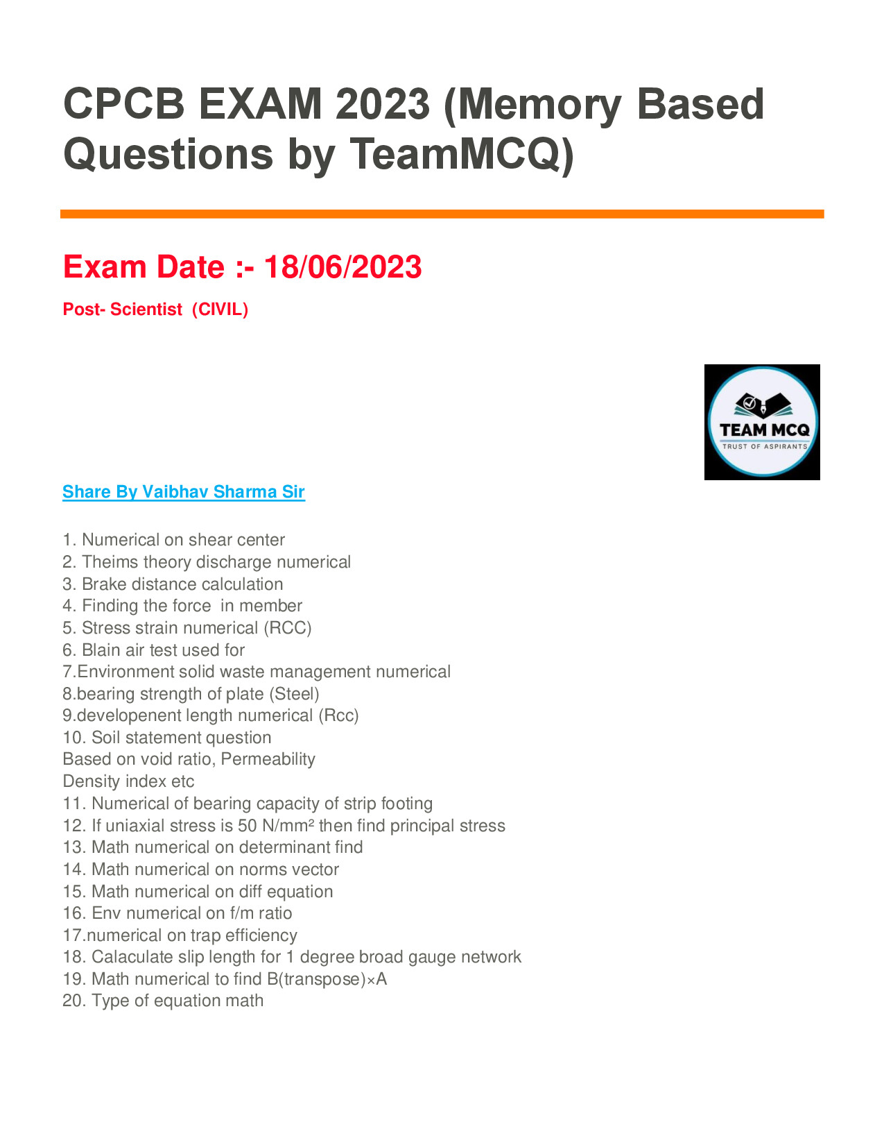 CPCB 18 06 2023 MEMORY BASED QUESTION PAPER