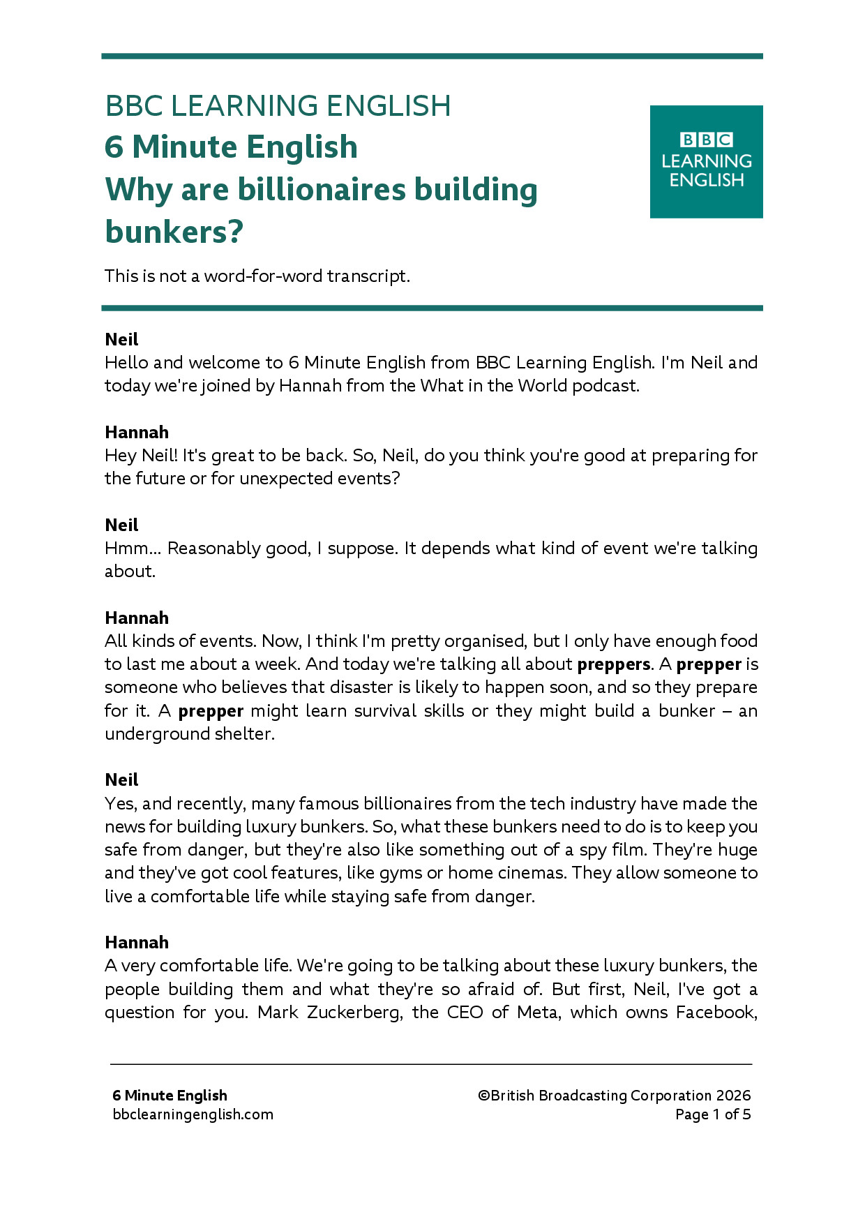 6 MINUTE ENGLISH WHY ARE BILLIONAIRES BUILDING BUNKERS TRANSCRIPT