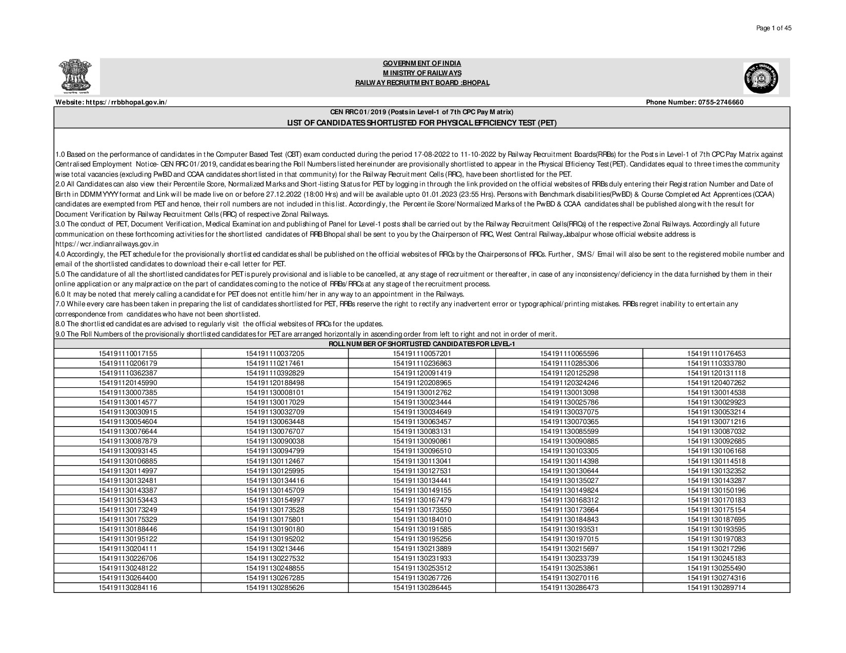 RRB BPL LEVEL 1 ROLL NOS WCR 22 DEC 2022