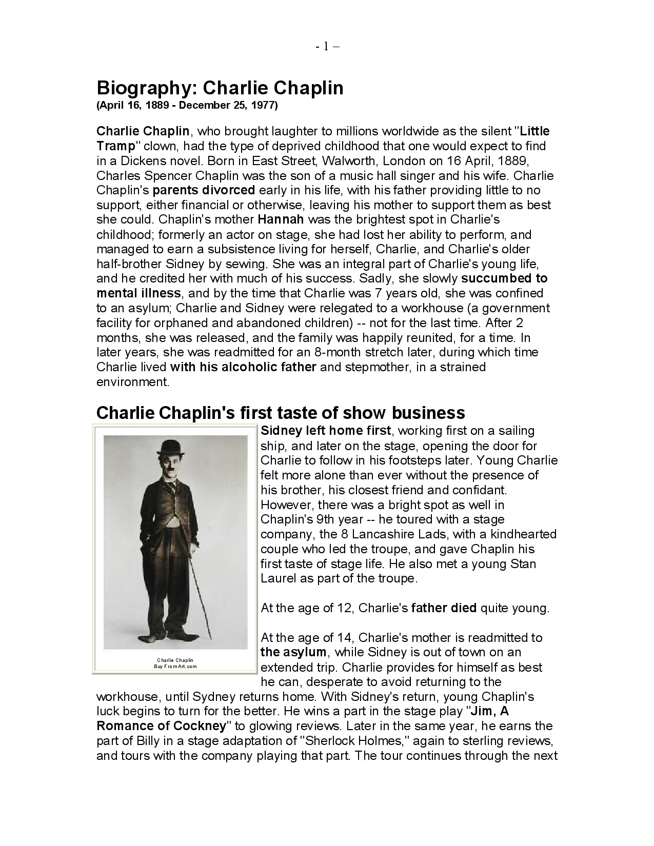 BIOGRAPH OF CHARLIE CHAPLIN