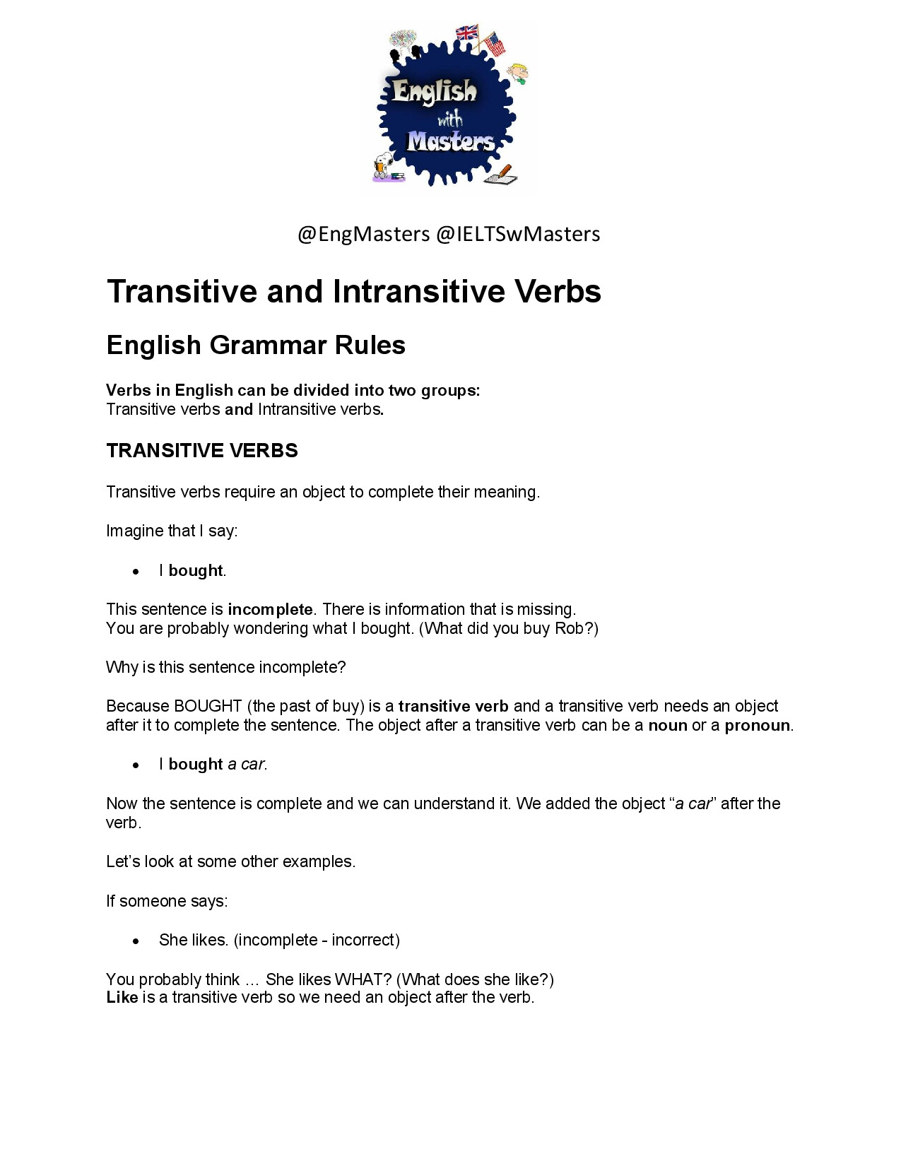 TRANSITIVE AND INTRANSITIVE VERBS