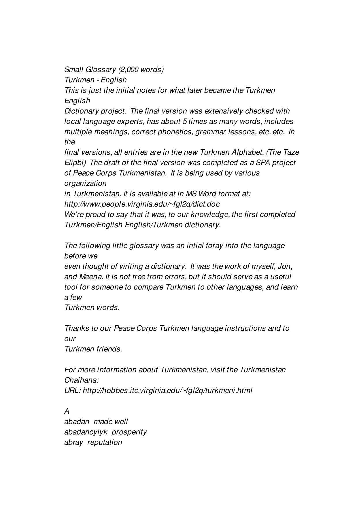 TURKMEN–ENGLISH SMALL GLOSSARY