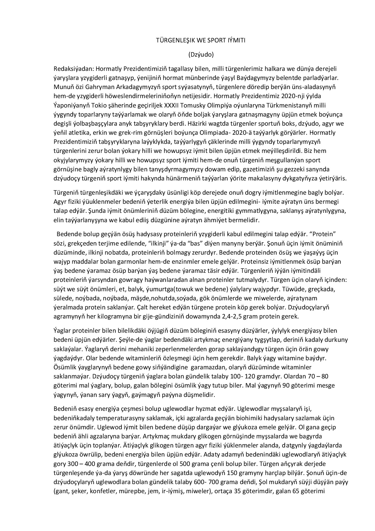 REFERAT TÜRGENLEŞIK WE SPORT IÝMITI