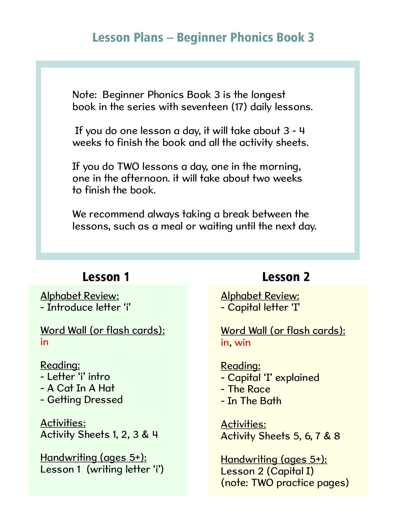 BEGINNER BOOK 3 LESSON PLANS