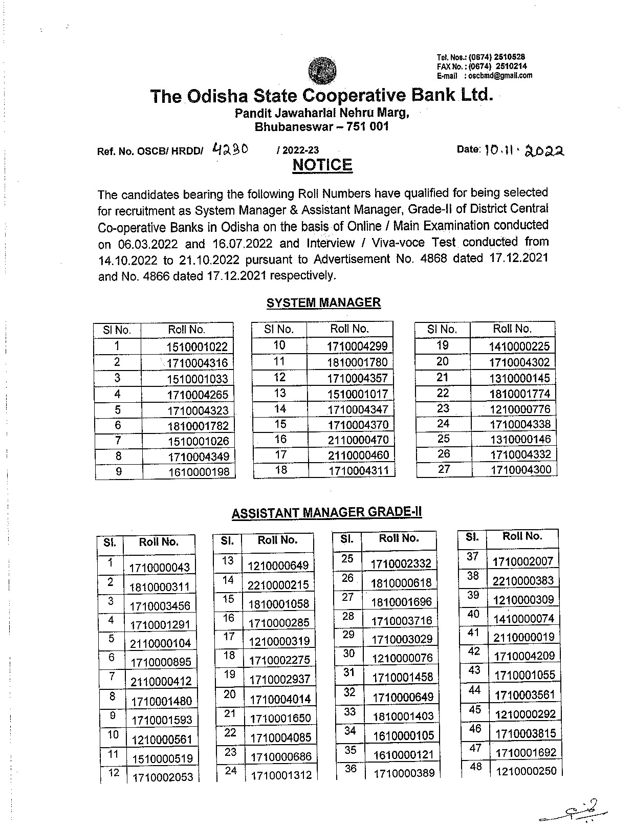 SELECT LIST FOR SYSTEM MANAGER & ASSISTANT MANAGER GRADE II