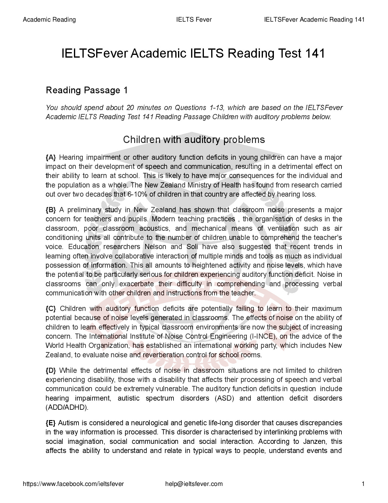 ACADEMIC IELTS READING TEST 141