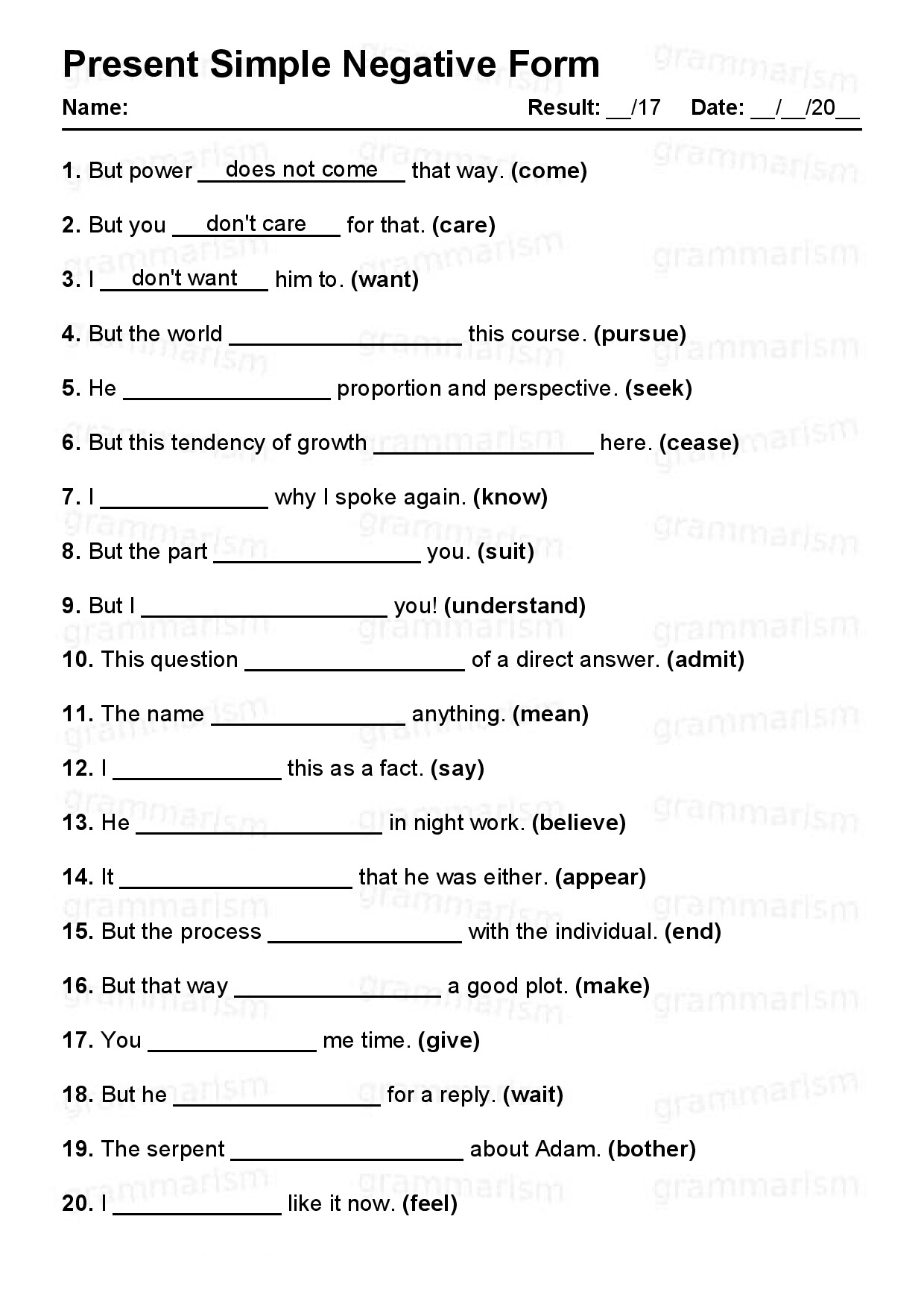 GRAMMARISM PRESENT SIMPLE NEGATIVE TEST 1