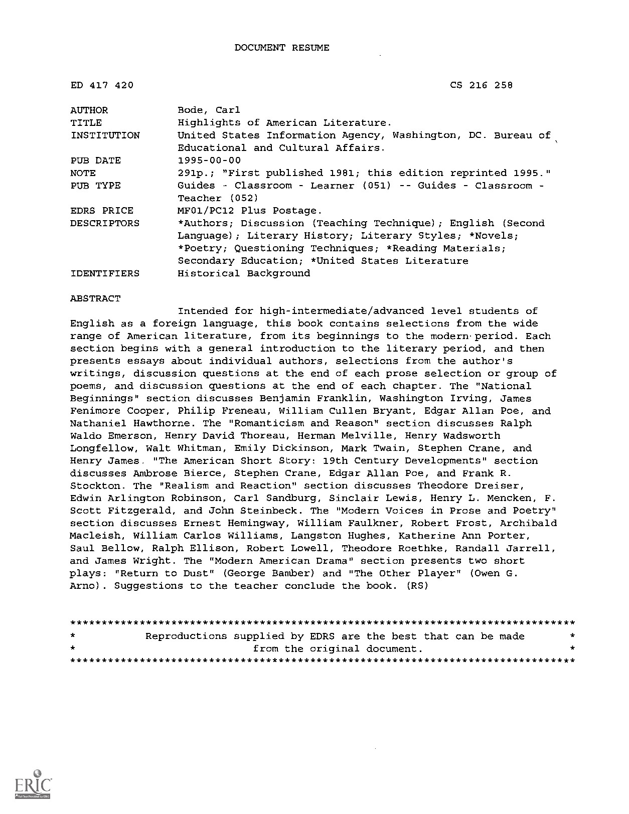 HIGHLIGHTS OF AMERICAN LITERATURE