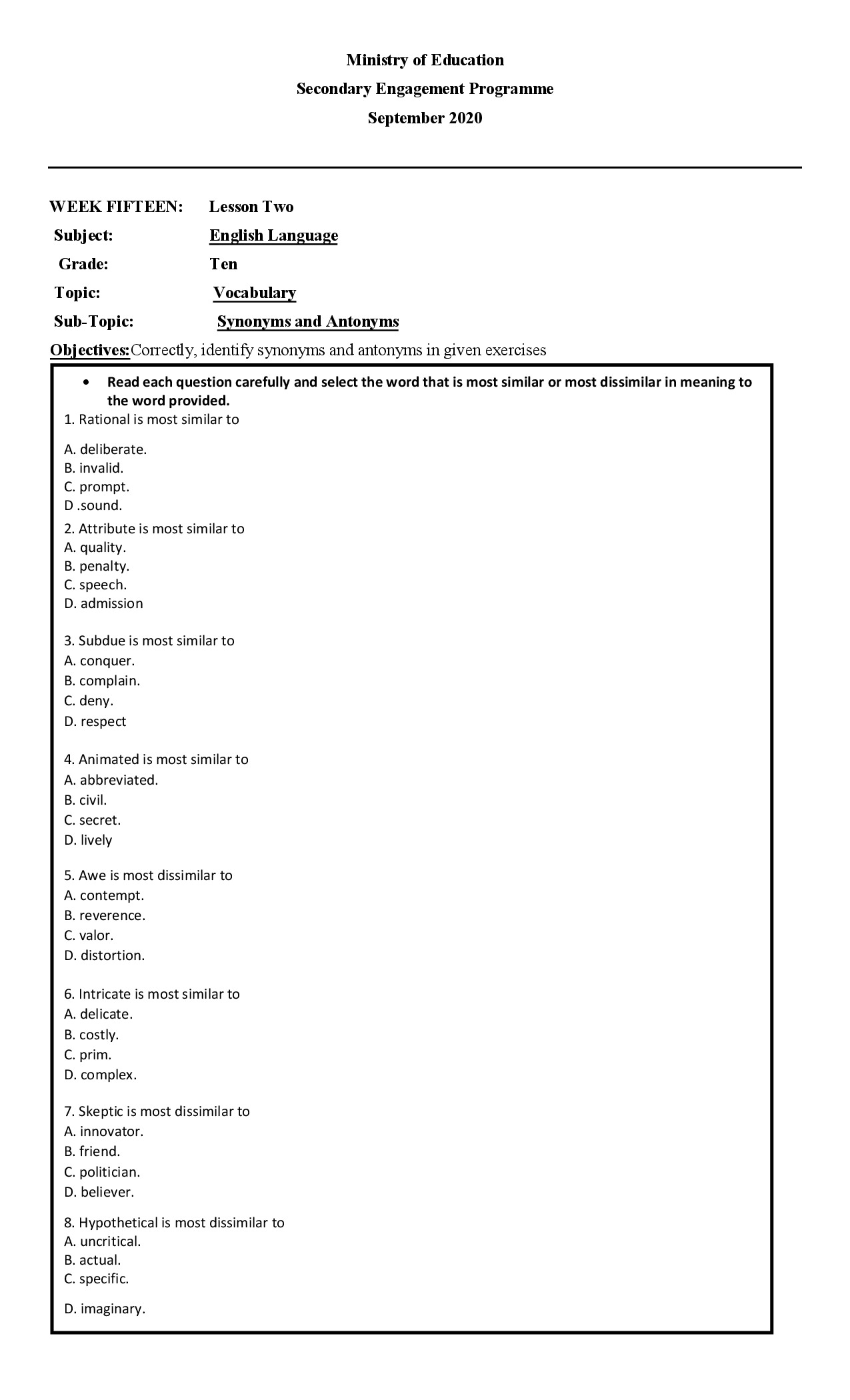 VOCAB  SYNONYMS & ANTONYMS   G10