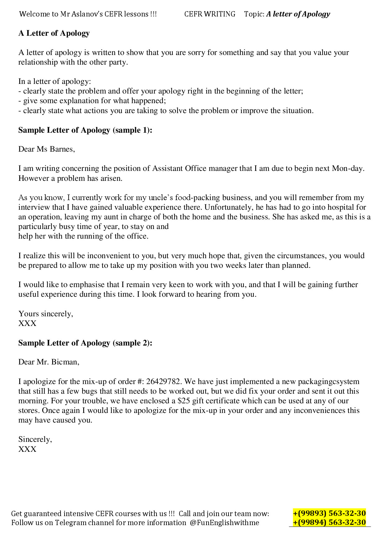 A LETTER OF APOLOGY