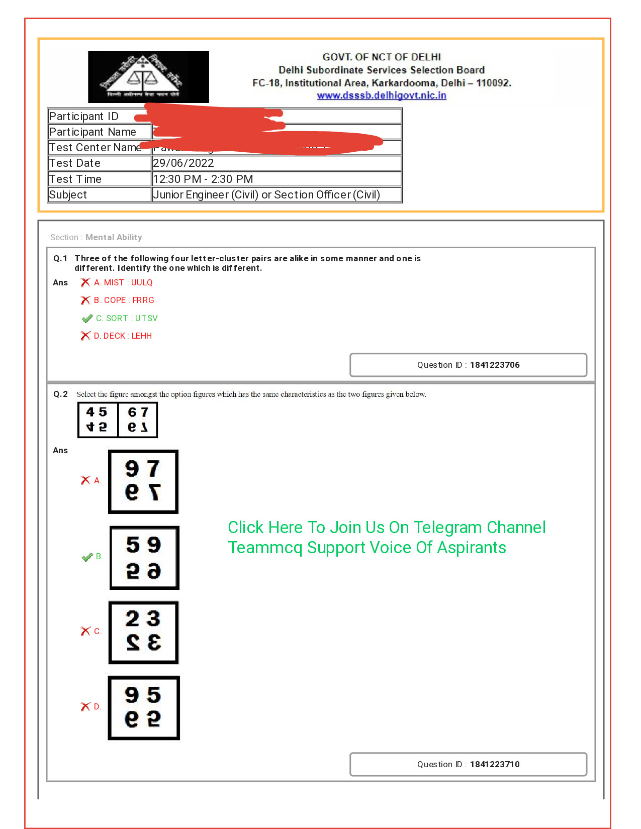 DSSSB JE NOON 29 06 22 CE @TEAMMCQ PAPER