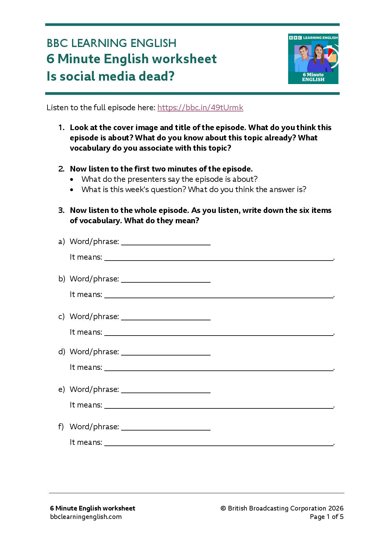 6 MINUTE ENGLISH IS SOCIAL MEDIA DEAD WORKSHEET