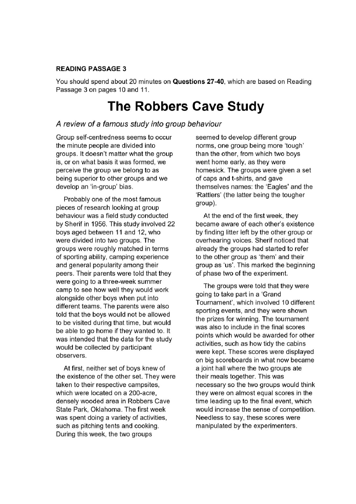 PASSAGE 3 THE ROBBERS CAVE STUDY