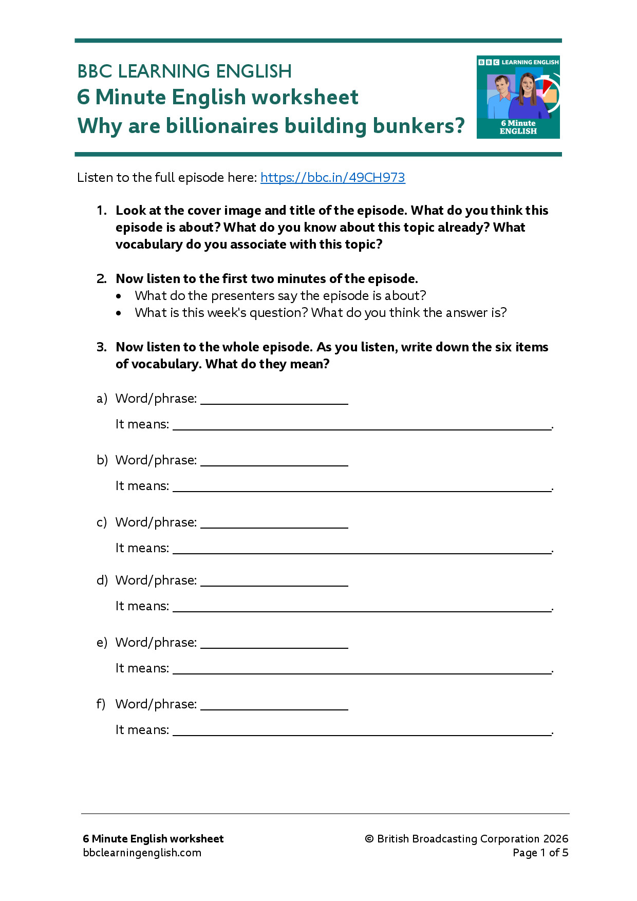 6 MINUTE ENGLISH WHY ARE BILLIONAIRES BUILDING BUNKERS WORKSHEET