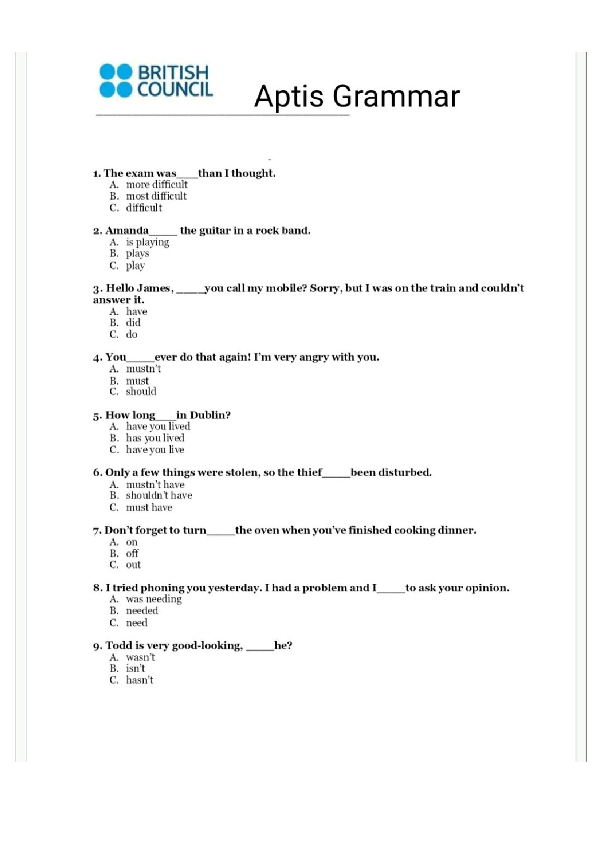APTIS GRAMMAR TEST