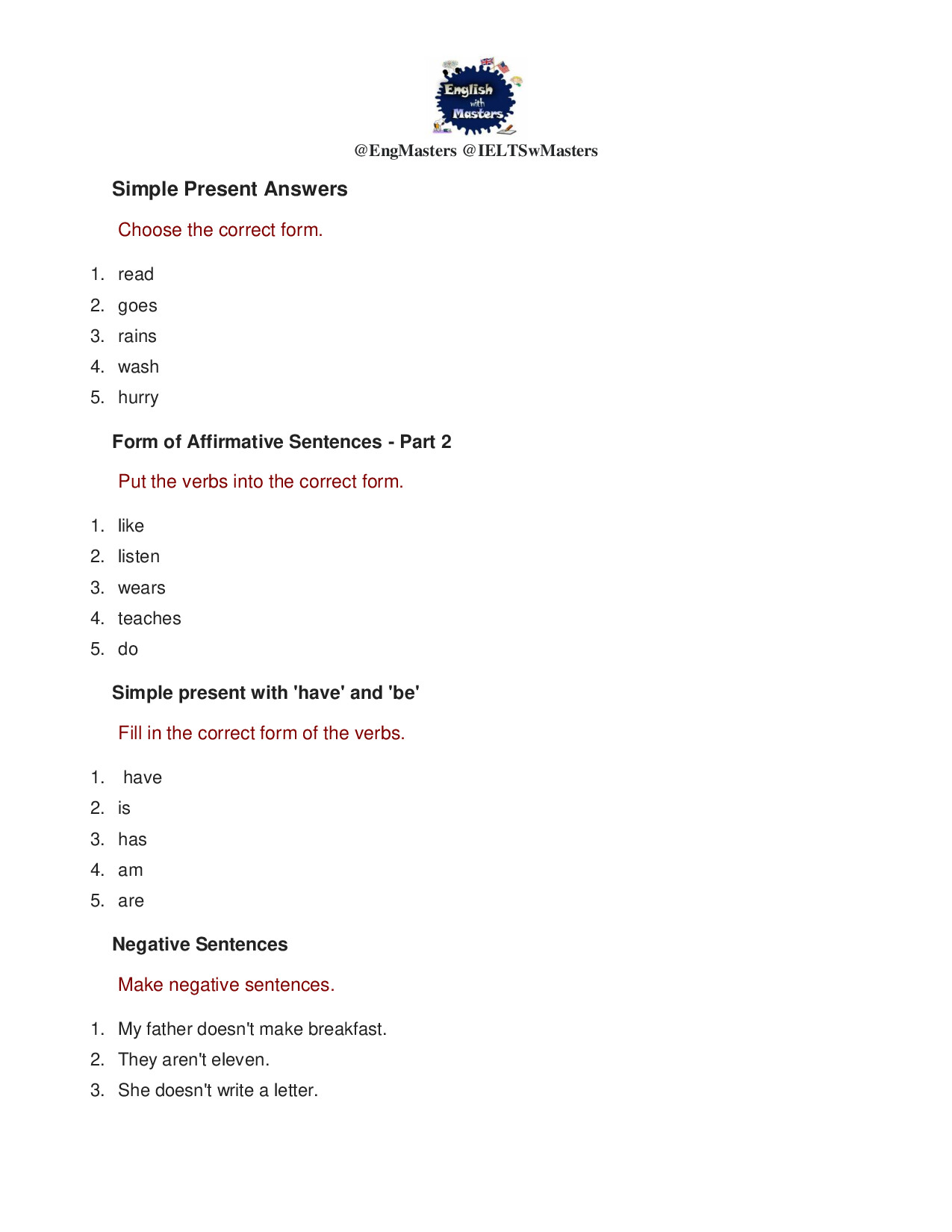 SIMPLE PRESENT ANSWER
