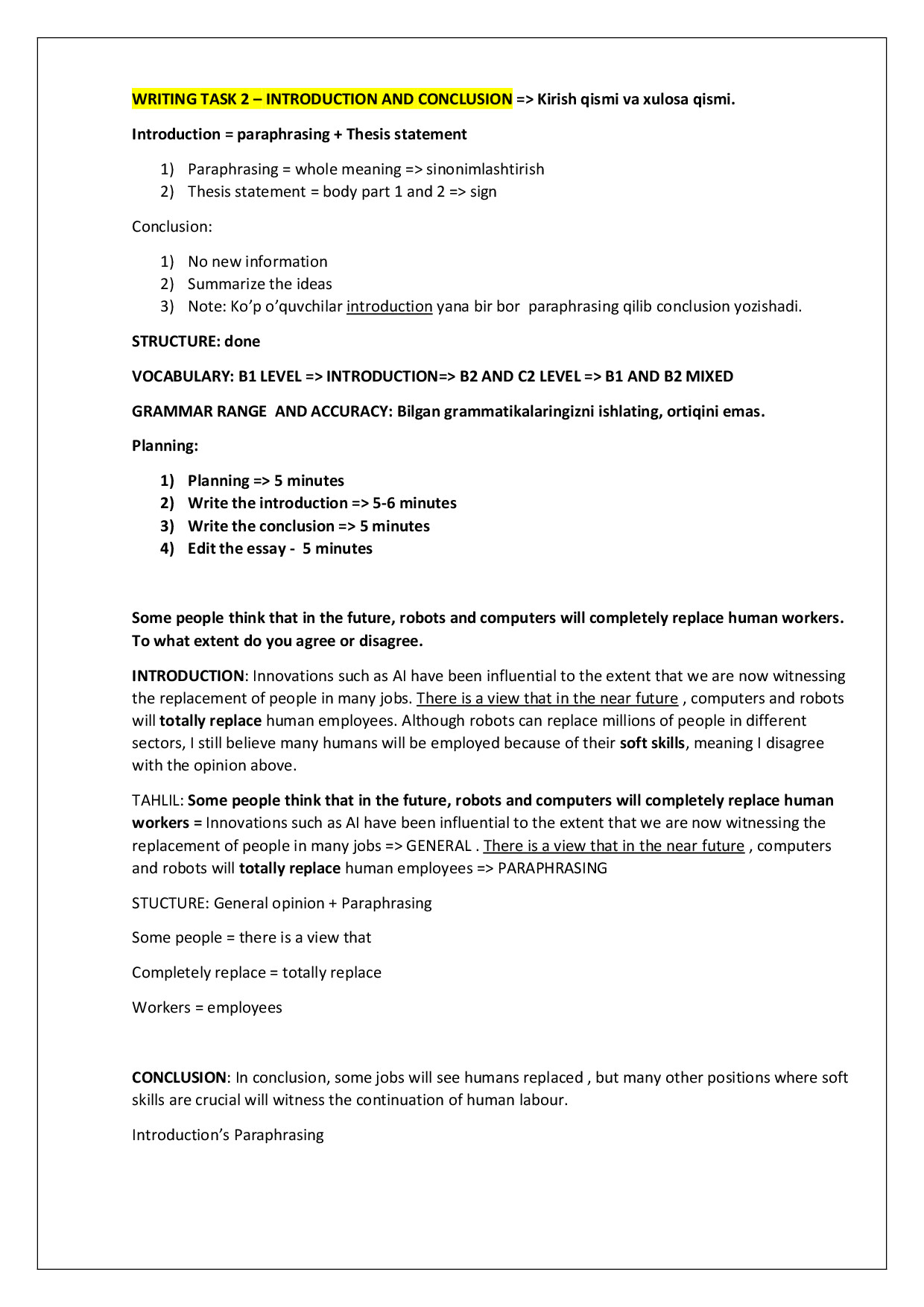 WRITING TASK 2   INTRODUCTION AND CONCLUSION