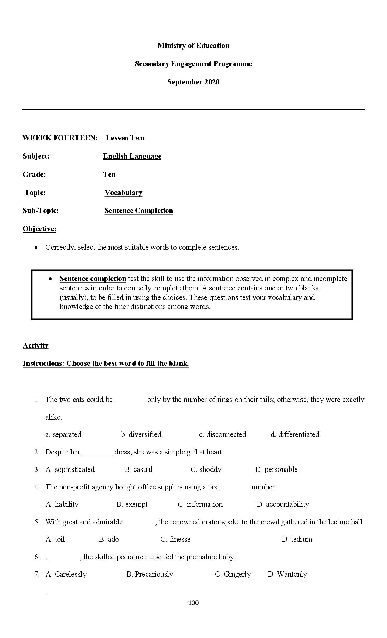 VOCAB SENTEBCE COMPLETION  G10