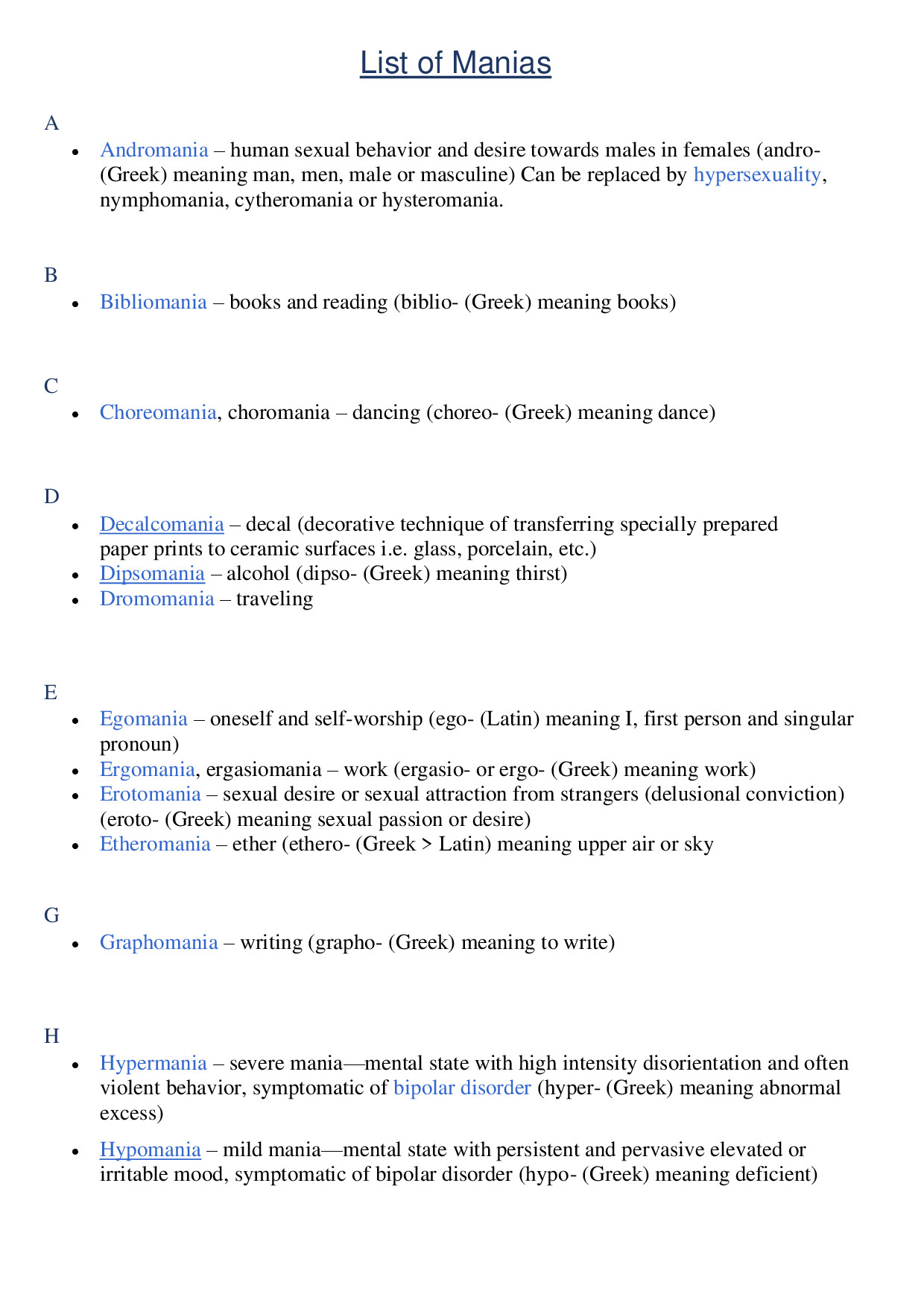 LIST OF MANIAS