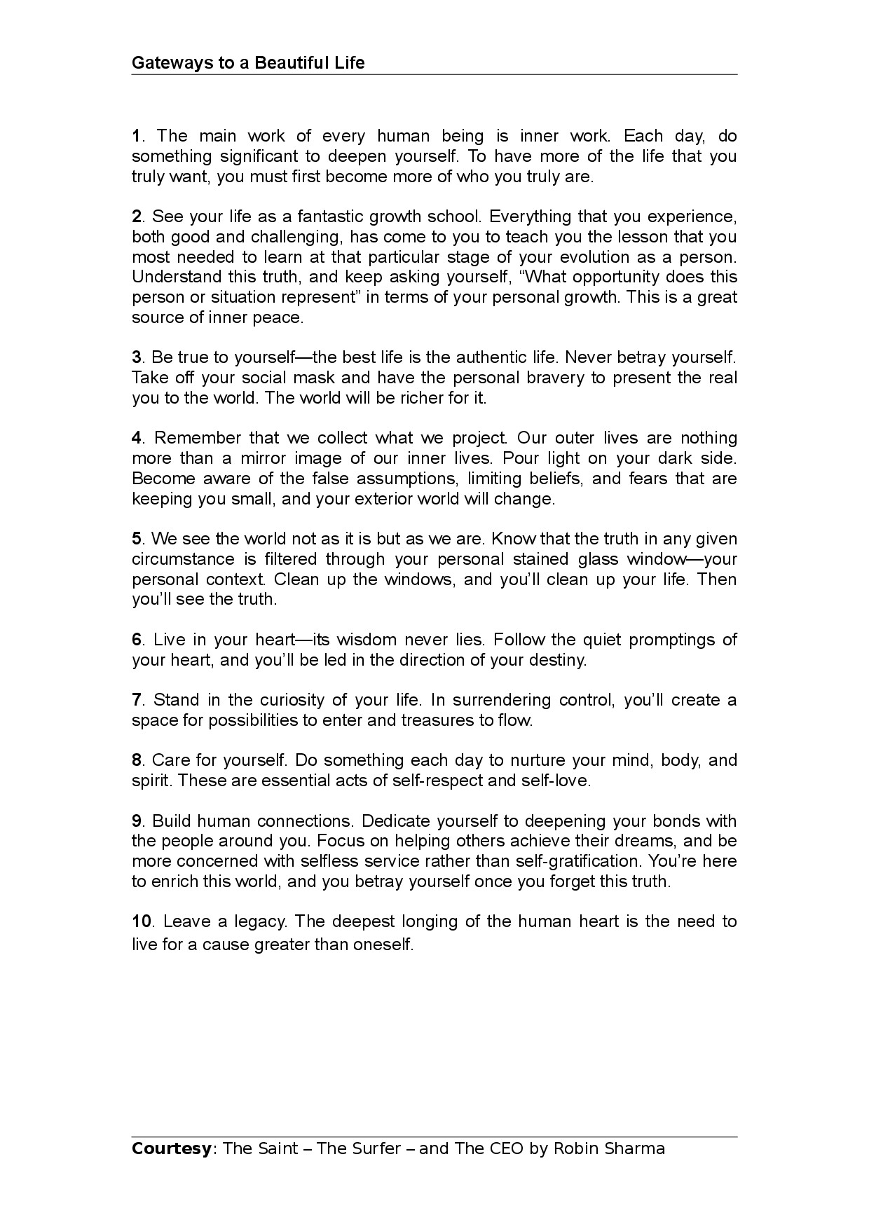 GATEWAYS TO A BEAUTIFUL LIFE BYROBIN SHARMA ARTICLE