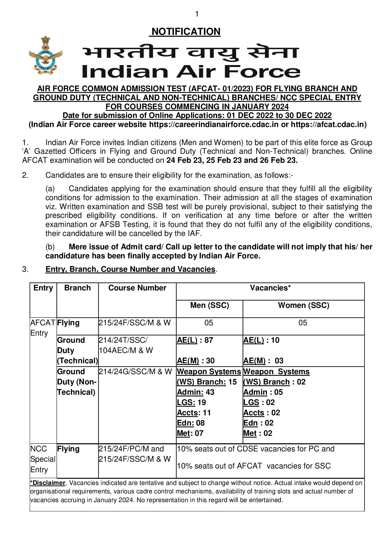 FINAL NOTIFICATION AFCAT 01 2023 1