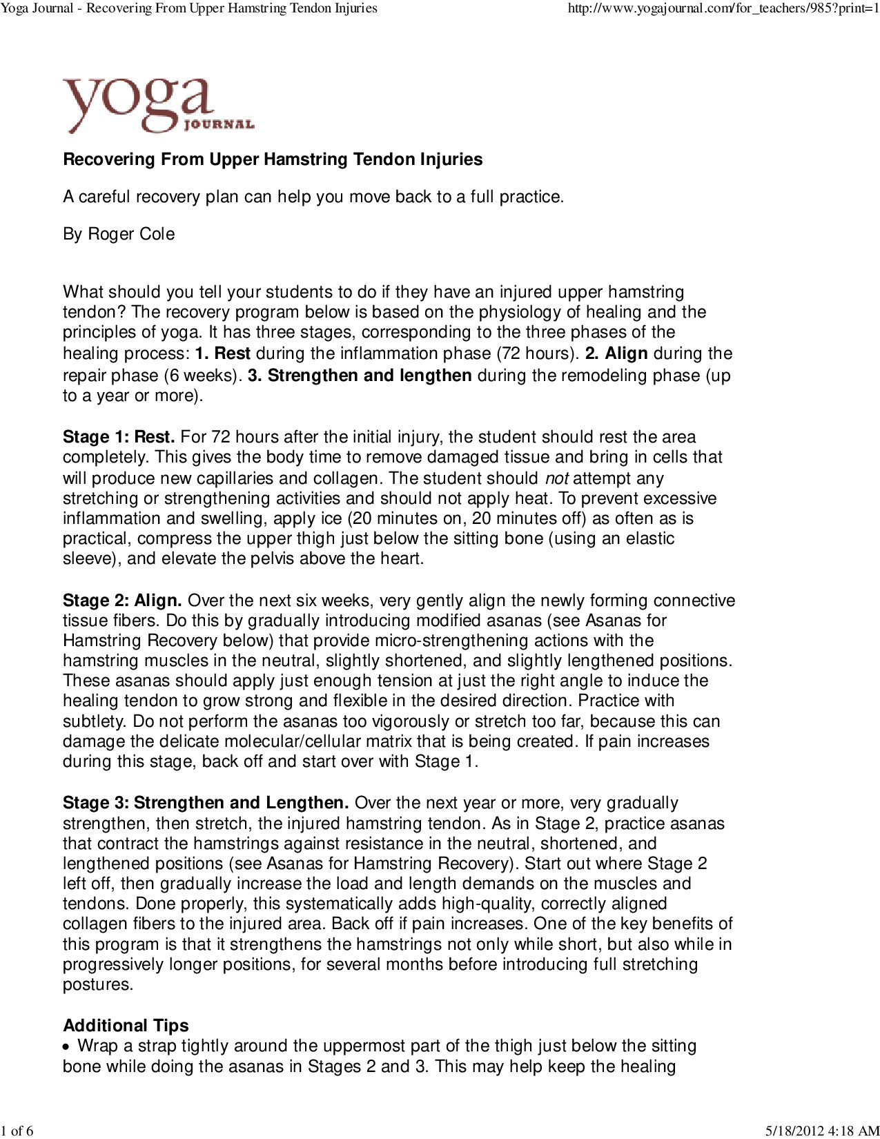 YOGA JOURNAL RECOVERING FROM UPPER HAMSTRING TENDON INJURIES
