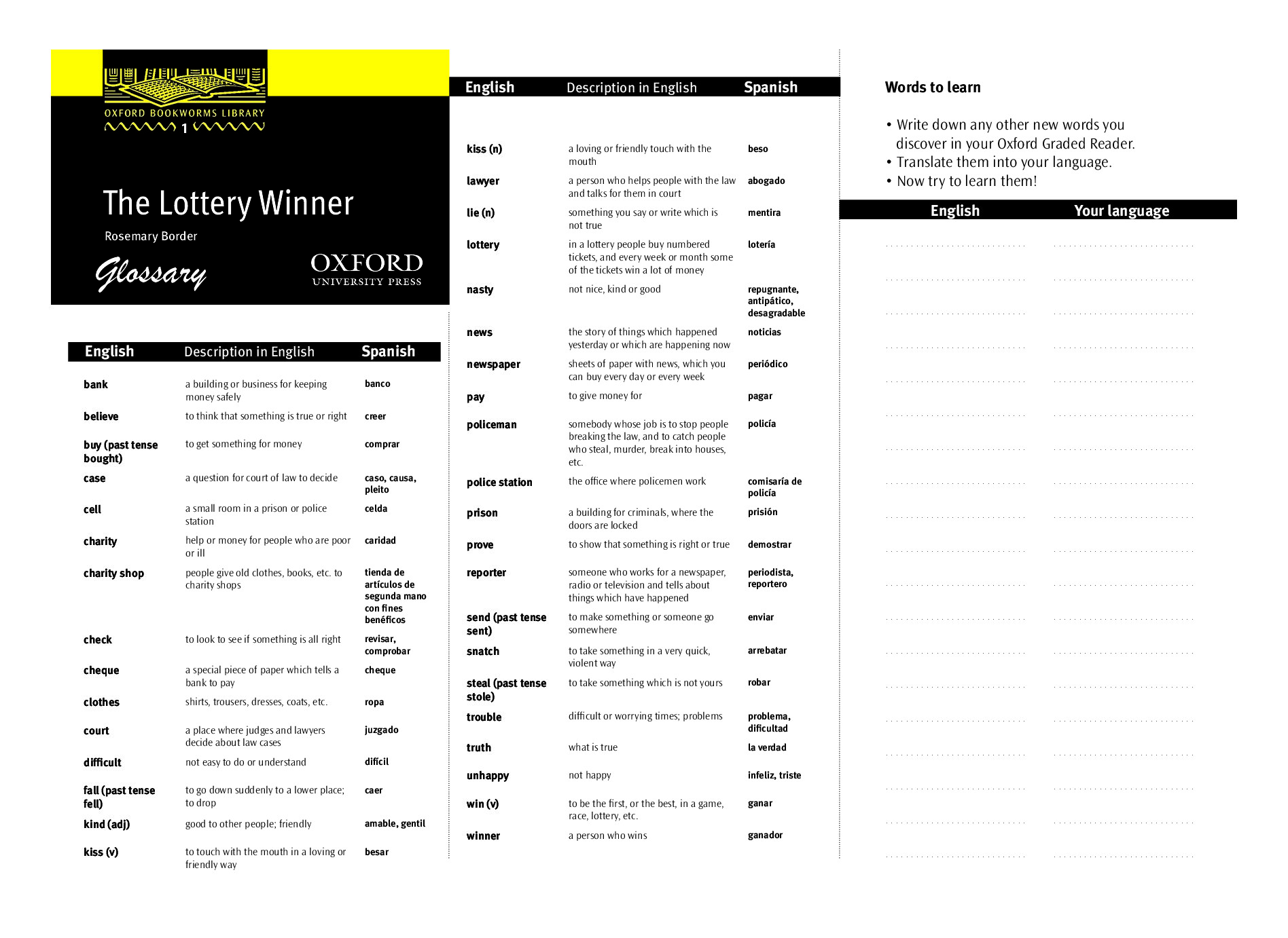 THE LOTTERY WINNER GLOSSARY