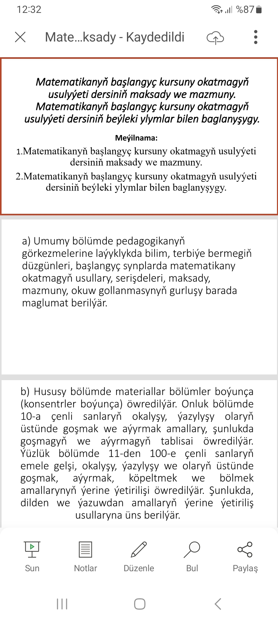MATEMATIKANYŇ BAŞLANGYÇ KURSUNY OKATMAGYŇ USULYÝETI DERSINIŇ MAKSADY